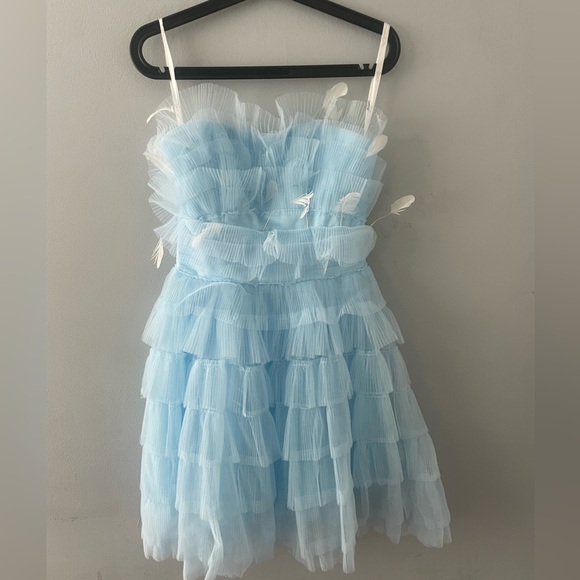 Mac Duggal Blue Feathered Strapless Tulle Fit and Flare Dress size 2 - Picture 4 of 4